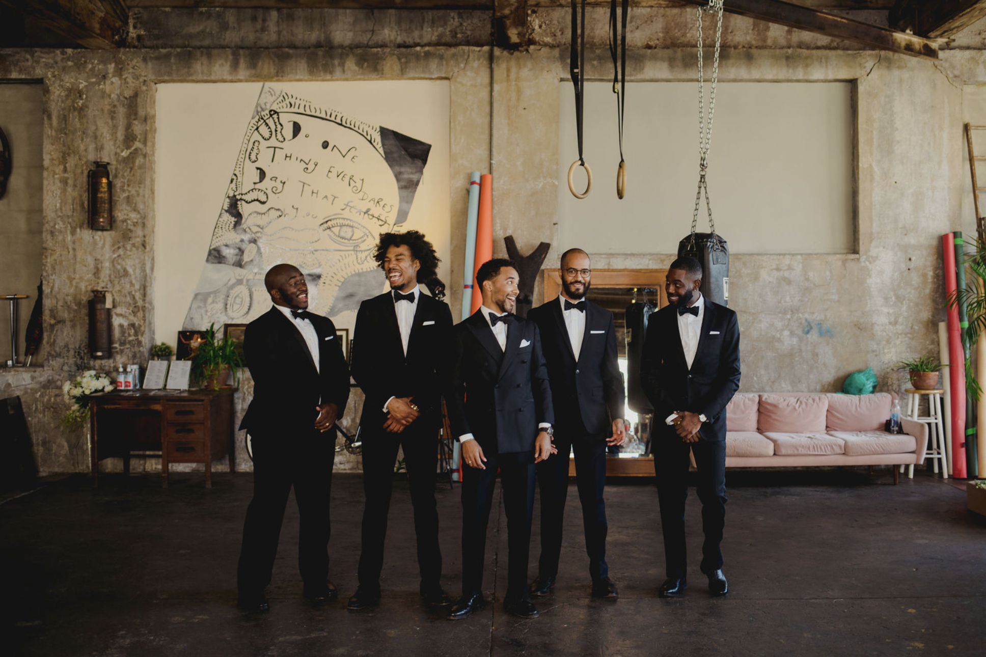 groom party laughing at ODR Studios wedding venue Newark NJ